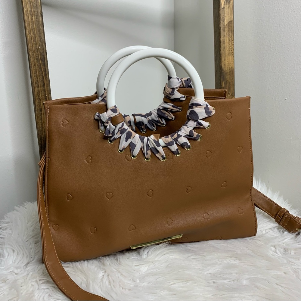 Betsey Johnson Brown Heart-Patterned Women's Bag with White Handles